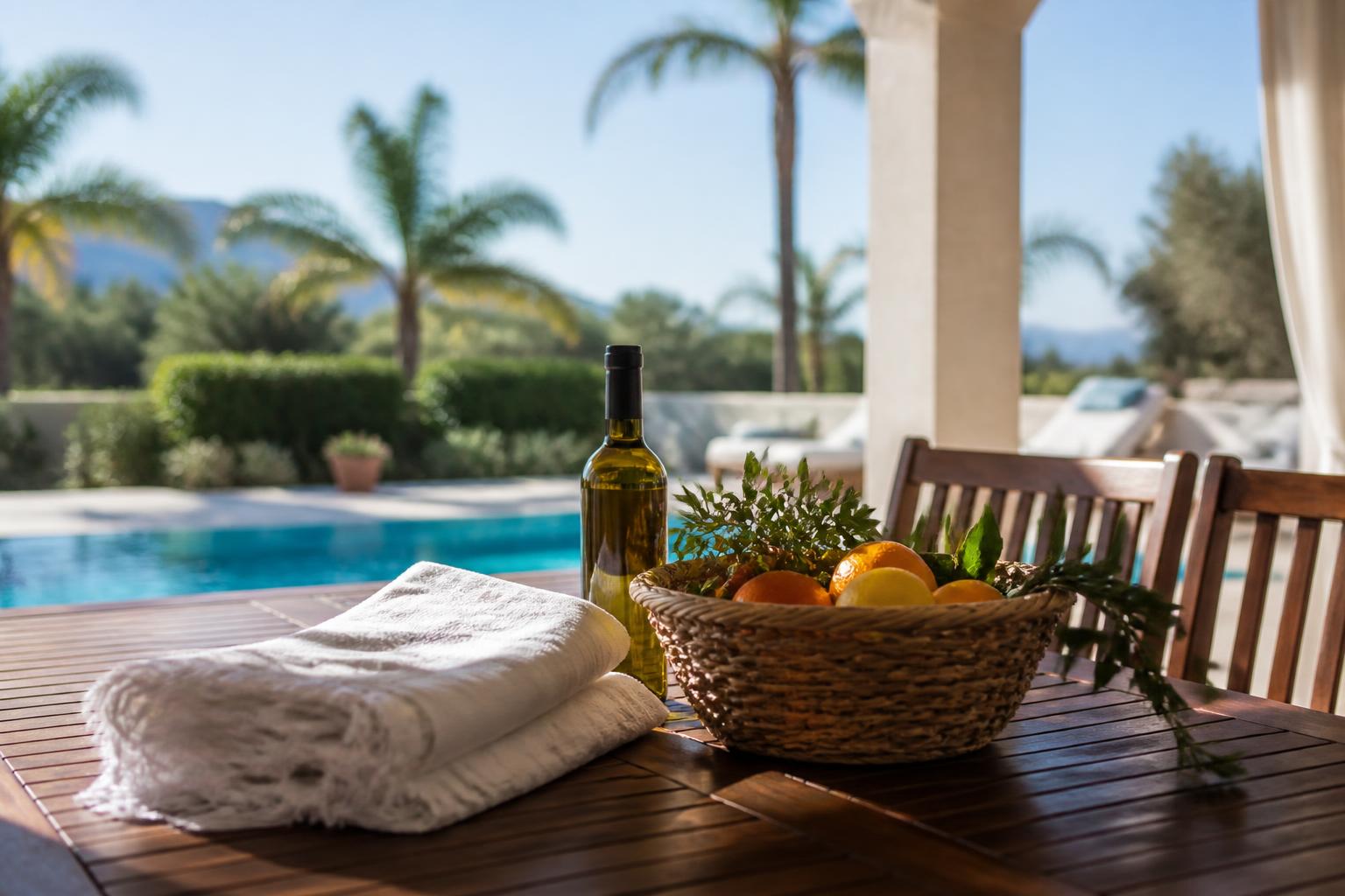 Holiday terrace prepared for guests with a welcome basket and pool