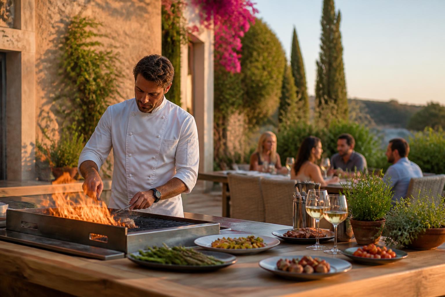 Private chef preparing dinner on a villa terrace