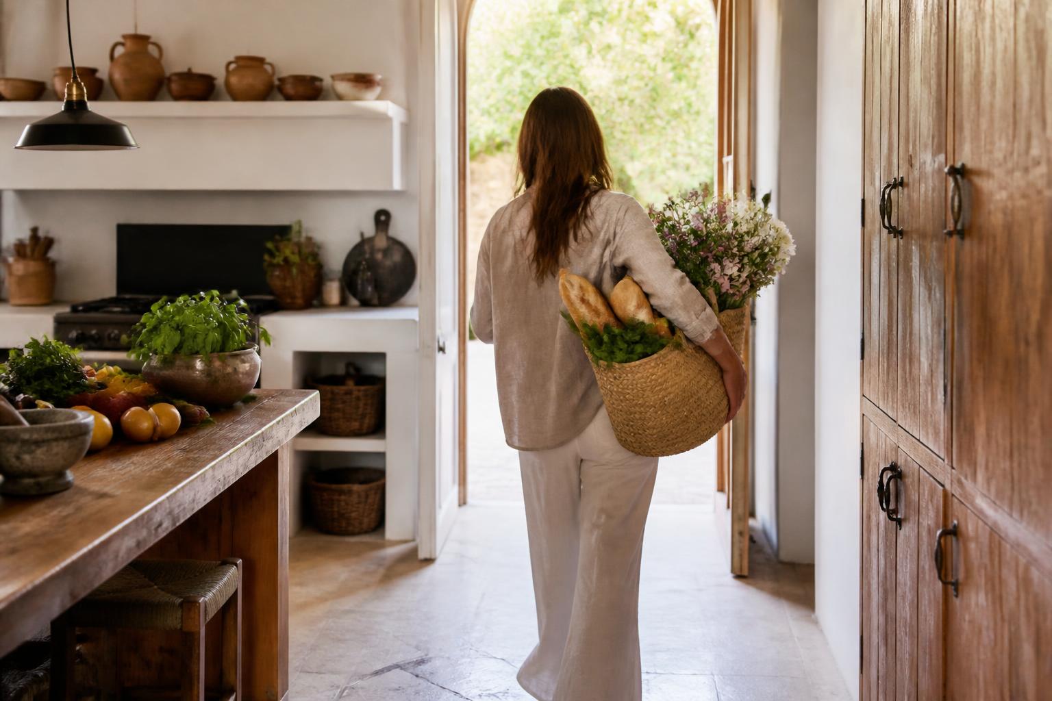 Fresh groceries and flowers arriving in the finca kitchen