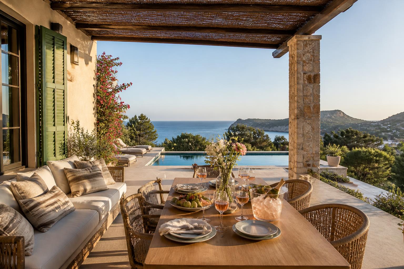 Terrace prepared for arrival with pool and sea view