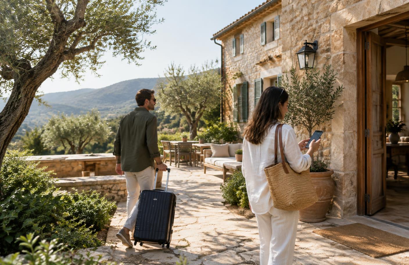 Holiday guests arriving at a finca in Mallorca after completing digital check-in