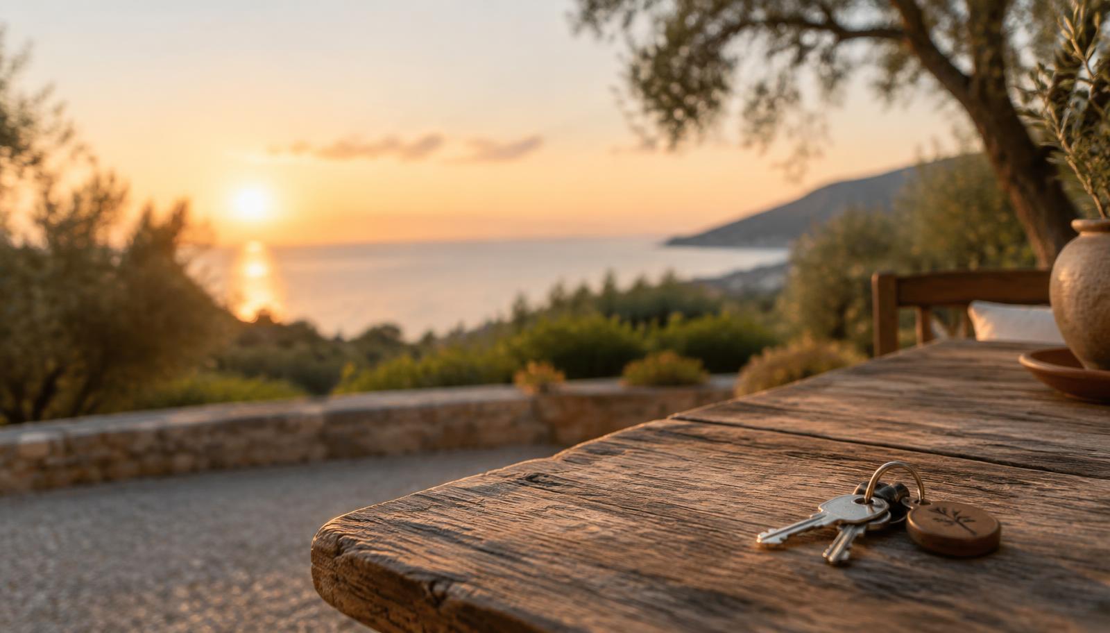 Keys on a wooden table on the terrace of a well-kept Mallorcan finca overlooking olive trees and the sea
